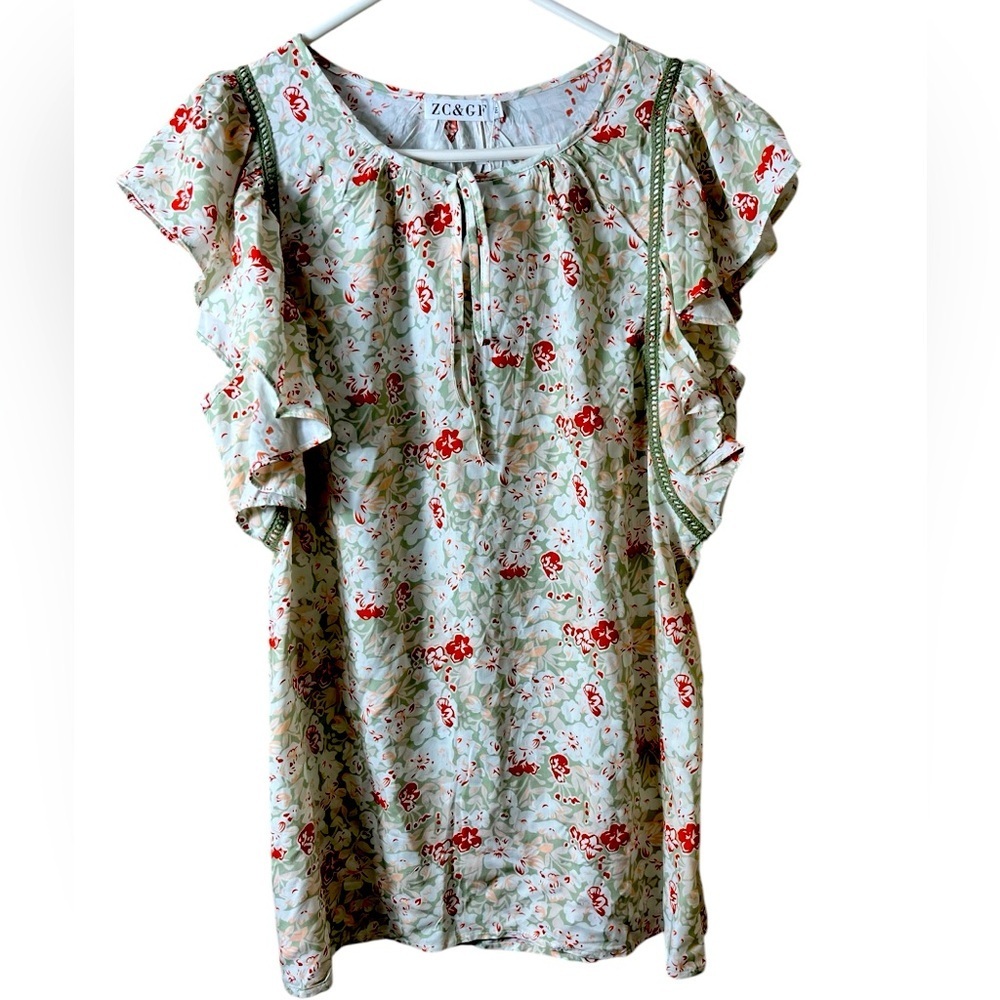 NWT Floral Ruffle Short‎ Sleeve Blouse Size Medium Cottagecore Country Boho